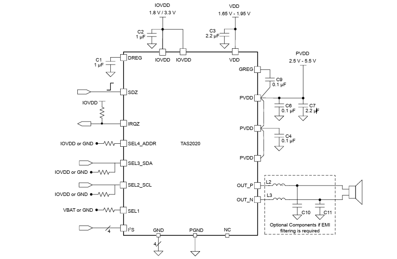Applikations-Schaltungsdiagramm - Texas Instruments TAS2020EVM Evaluierungsmodul